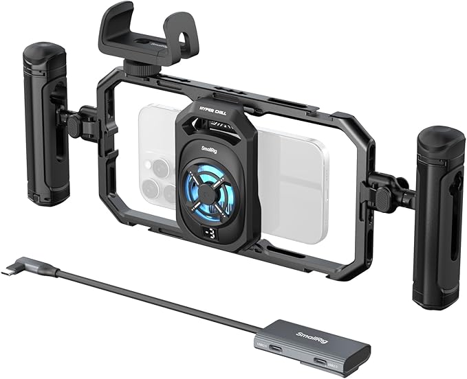 SMALLRIG All-in-One Cooling Dual Handle Phone Cage Kit for iPhone/Android, 15W Active Cooler & 4-in-1 USB-C Hub, Universal Compatibility 2.5-3.1" Phones, for Live Streaming- 5276