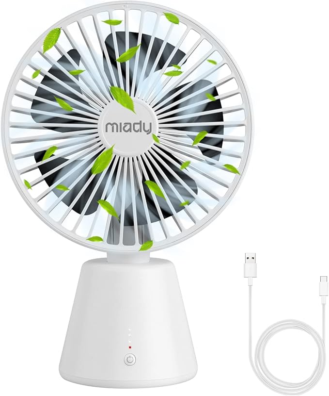 Miady USB Desk Fan, Upgraded 5000mAh Portable Desktop Fan 135°Auto-Oscillating 3 Speeds Mini Cooling Personal Table Fan for Home Office Travel Camping Outdoor