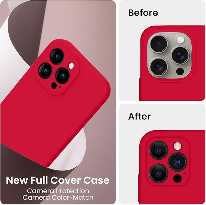 FireNova Designed for iPhone 15 Pro Case, Silicone Upgraded [Camera Protection] Phone Case with [2 Screen Protectors], Soft Anti-Scratch Microfiber Lining Inside, 6.1 inch, Deep Red