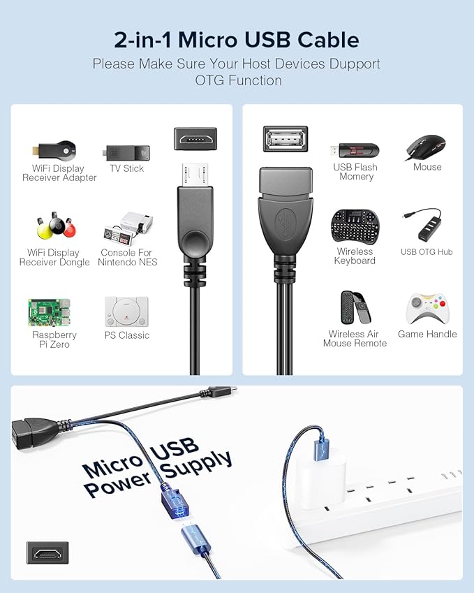 ANDTOBO 2-in-1 Micro USB (OTG Cable with Power) Adapter Replacement for Fire Stick 4K /Host Devices/PlayStation Classic etc- 2 Pack