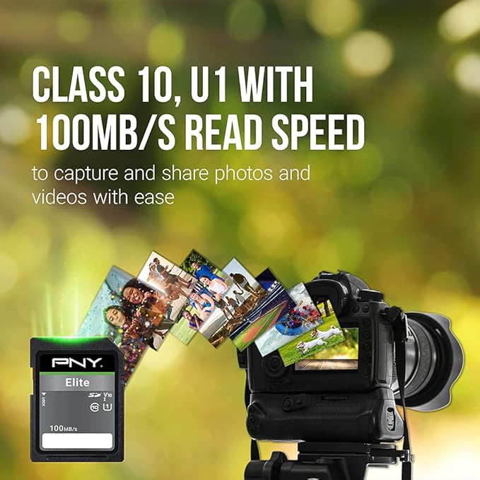 PNY 128GB Elite Class 10 U1 V10 SDXC Flash Memory Card - 100MB/s, Class 10, U1, V10, Full HD, UHS-I, Full Size SD (Pack of 1)