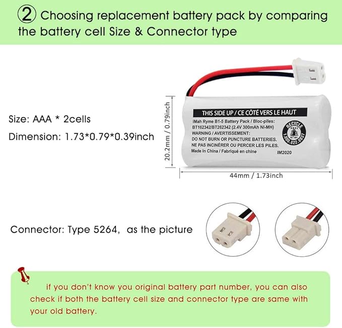 iMah BT162342/BT262342 2.4V 300mAh Ni-MH Cordless Phone Battery Pack, Also Compatible with BT183342/BT283342 AT&T EL52351 TL90070 VTech CS5119 DS6511 DS6722 LS6305 Handset, 2-Pack
