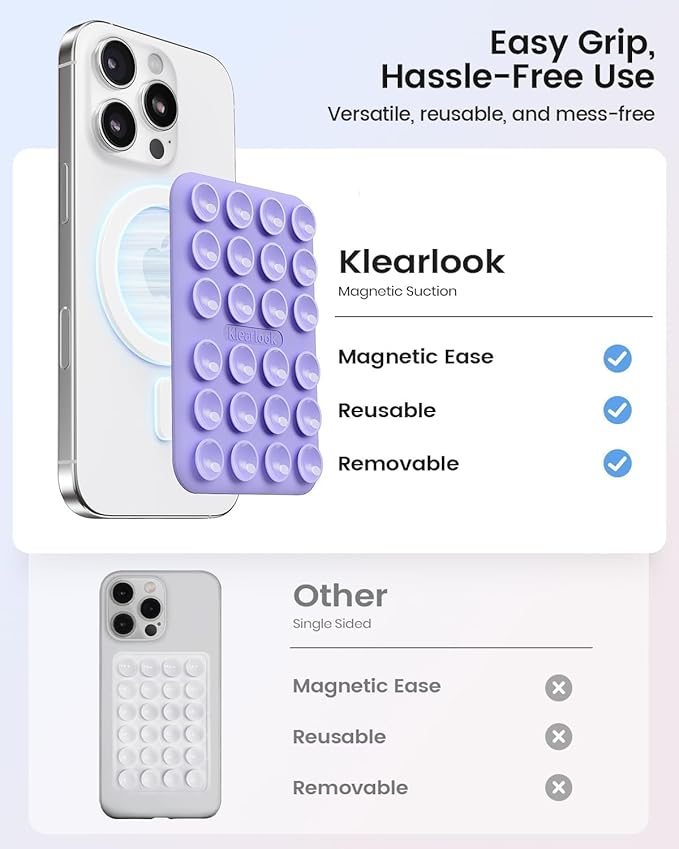 Klearlook 4PCS Magnetic Suction Phone Mount for MagSafe Case, Sticky Phone Grip for iPhone, Removable Hands-Free Selfie/Video for TikTok Influencers, (Clear & Light Pink & Light Blue & Lavender)