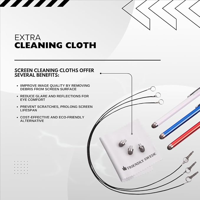 The Friendly Swede Mesh Tip Stylus Pen for Touchscreen — 3-Pack Micro-Knit Capacitive Stylus Pen for iPad & iPhone with 3 Replaceable Fiber Tips, Elastic Lanyards & Screen Cleaning Cloth