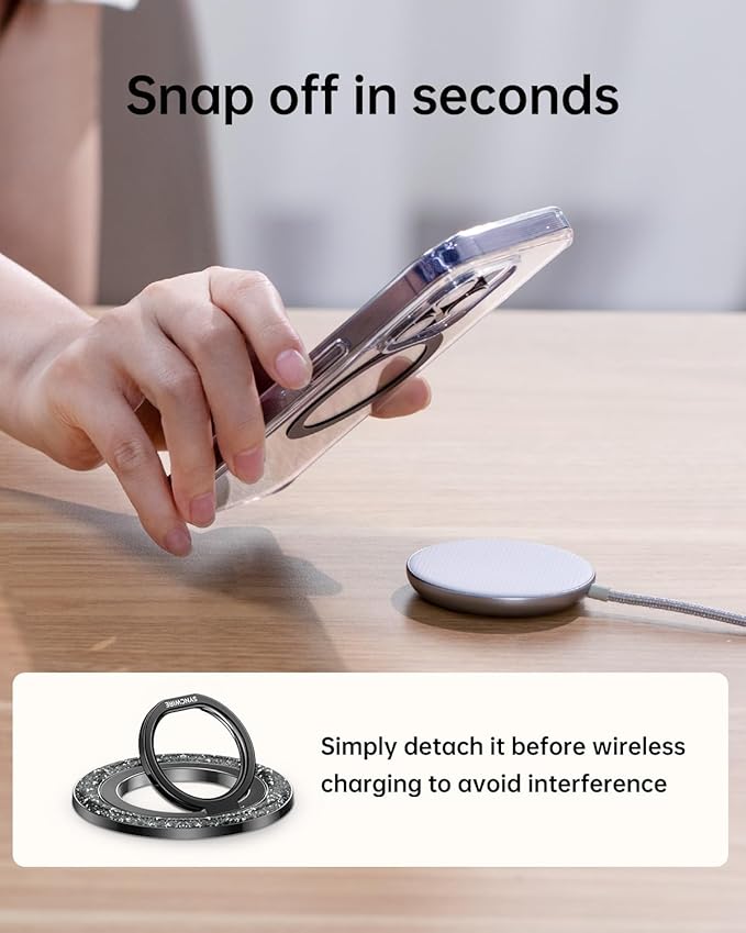 SYNCWIRE Magnetic Phone Ring Holder for MagSafe - Glitter Phone Grip Stand with 360° Rotation & Reinforced Hinge, Compatible with iPhone 16 15 14 13 Pro Max Plus MagSafe Accessories - Glitter Black
