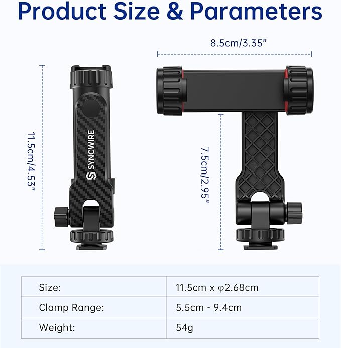 SYNCWIRE Tripod Phone Mount, Universal Smartphone Mount Adapter with 2 Cold Shoe and 1/4" Screw, 360° Rotates and 180° Tilts Adjustable Cell Phone Clamp Holder for Enhancing Mobile Photography Setup