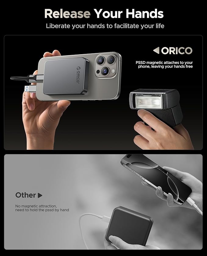 ORICO 2TB Magnetic Portable SSD, Metal Body, 4K 120 fps ProRes HDR Record and Store, Up to 460MB/s, USB C&A 2 in 1 Cable, External SSD Compatible with iPhone 16 Pro Max, Tablet, Computer - K5PLUS