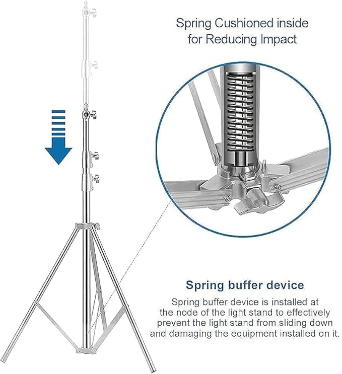 Stainless Steel Light Stand Photography, Spring Cushioned Heavy Duty Tripod Stand, 9.5ft/2.8m, 2 Packs Professional Photography Studio Stands