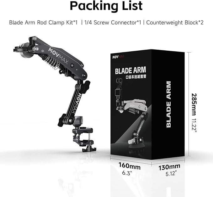 MOVMAX Blade Arm Bike Motorcycle Handlebar Mount Stabilizer, Camera Clamp Mount Shock Absorber for DJI Osmo Pocket 3, Insta 360, GoPro Hero Cameras w Ball Head, Pocket 3 Accessories