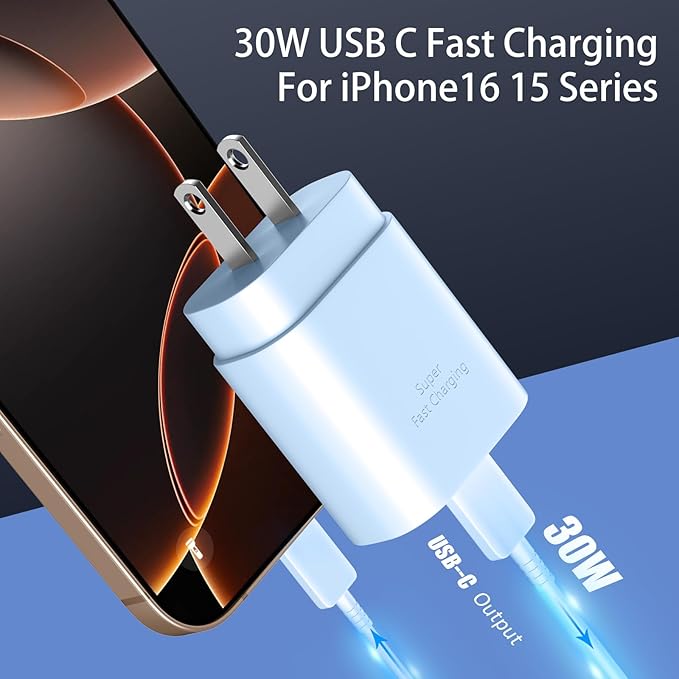 USB C Phone 16 15 Charger Fast Charging,30W Phone 16 15 Pro Max Charger Block &6.6FT Long USB C to C Charging Cable Cord for Phone 16 15/16 15 Pro Max/16 15 Pro/15 Plus/Samsung Galaxy S24 Ultra,Blue