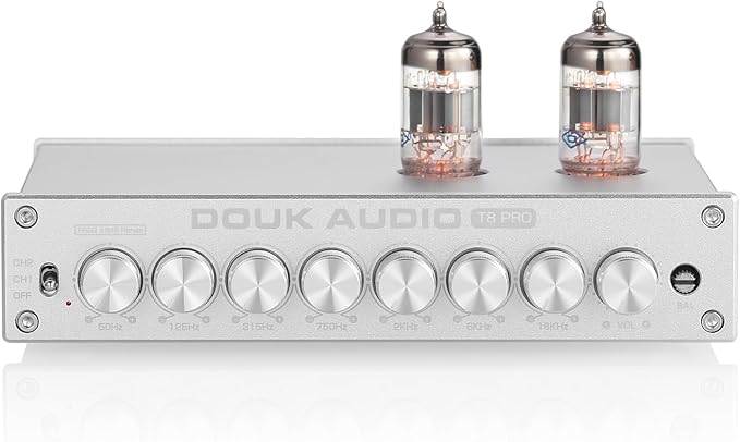 Douk Audio HiFi Vacuum Tube 7-Band EQ Preamp Equalizer XLR Pre-Amplifier Home (T8 PRO Silver)