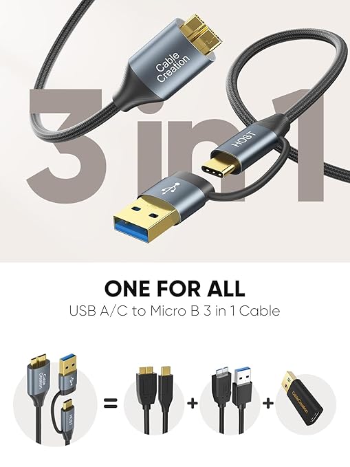 CableCreation USB C Hard Drive Cable 2FT, 5Gbps USB A/C to Micro B, USB 3.0 Cable Compatible with iPhone 15 Plus/15 Pro Max, WD, External Hard Drive, and Camera, Grey