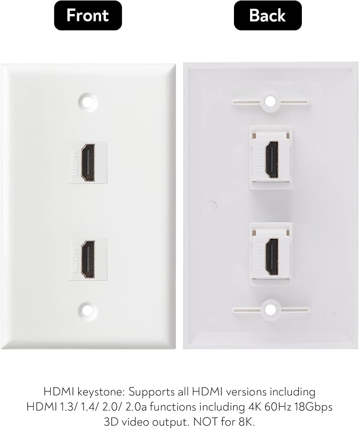 HDMI Wall Plate, 2 Port 4K HDMI Keystone Female to Female Wall Plate-White