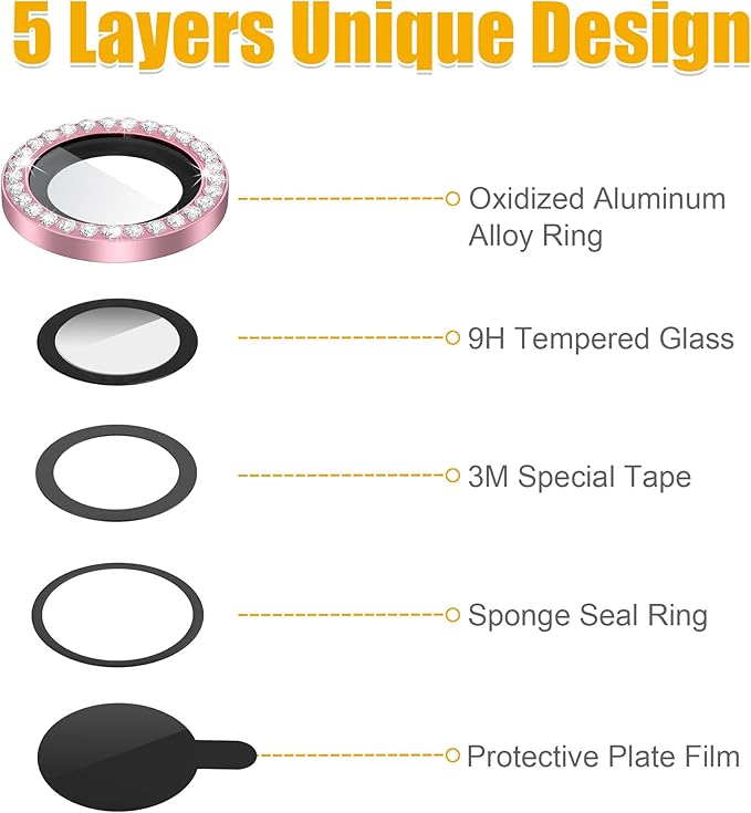 AGVEE 3+3 6 Pack for iPhone 14 Pro/Pro Max, Bling Diamond & Glitter Metal Ring 9H Tempered HD Glass Camera Protector, Bling-Gold
