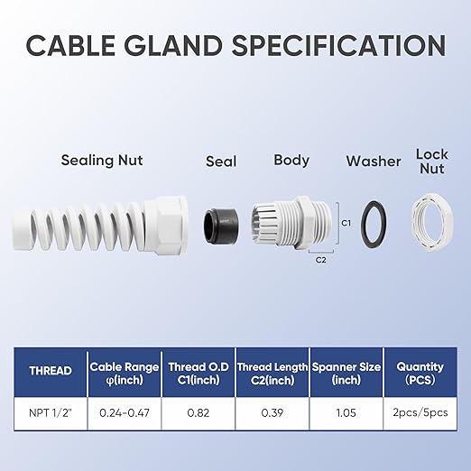Strain Relief Cord Connector,LISTENJIALE 5Pcs NPT 1/2" Waterproof Cable Gland Flex Spiral Strain Relief Adjustable 6-12mm Cable Connector Nylon Joint with Gaskets(Grey)