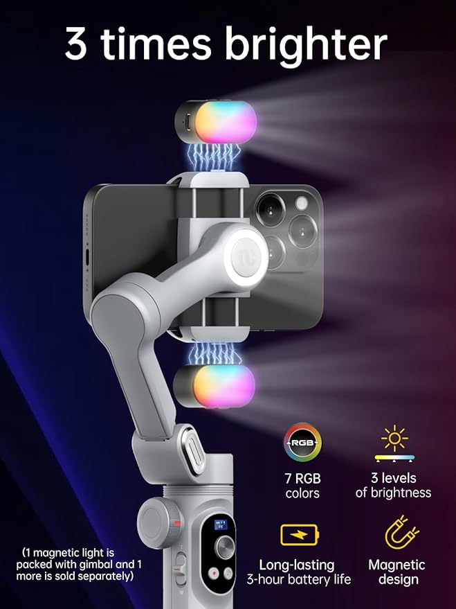 iPhone Gimbal, 3-Axis Gimbal Stabilizer for Smartphone w/RGB Magnetic Fill Light Portable with Fous/Zoom Wheel for Vlog, Compatible with iPhone 15 Pro Max/Android-Smart X Pro Kit Gray