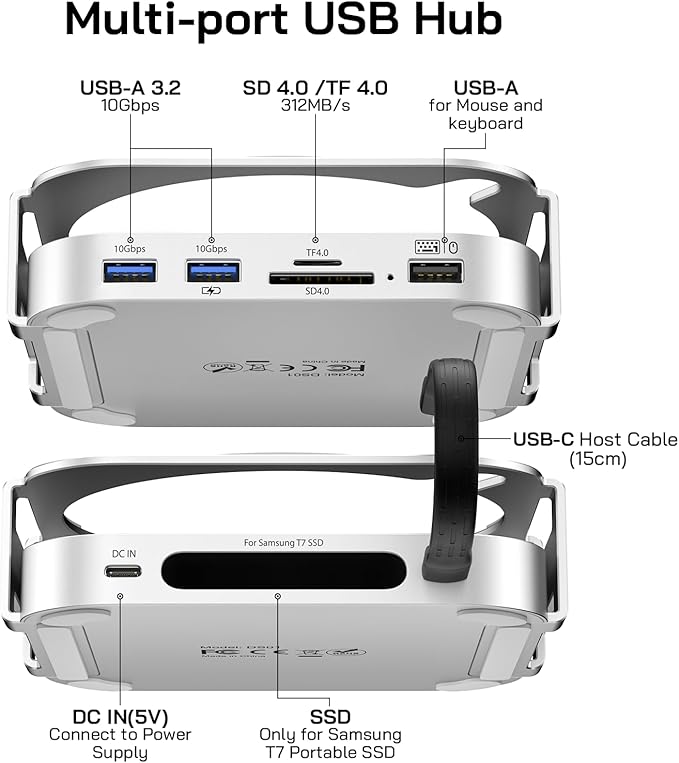 M-ac Mini M4 Dock with 4TB Sam-Sung T7 Portable SSD Enclosure(SSD NOT Included), 7-in-1 Aluminum Hub & Stand for Mac mini M4 and M4 Pro 2024, 10Gbps USB A 3.2, 15CM USB C Cable, SD/TF 4.0 Card Reader