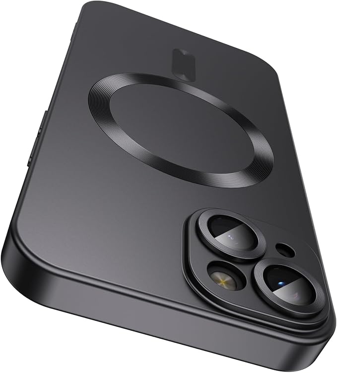 Magnetic for iPhone 15 Case [Compatible with MagSafe][Built-in Camera Lens Protector] Slim Soft Silicone Bumper Shockproof Metallic Shine Phone Case (Black)