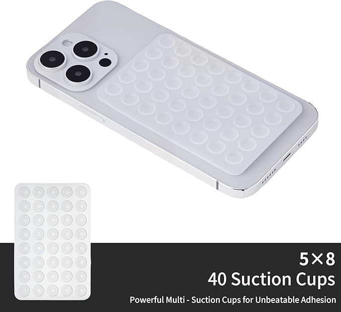 2 Pack Silicone Double-Sided Suction Grip – 40 Cups per Side, Strong Hold for iPhone, Galaxy, Pixel, Android – Hands-Free for Selfies & Videos (Clear)
