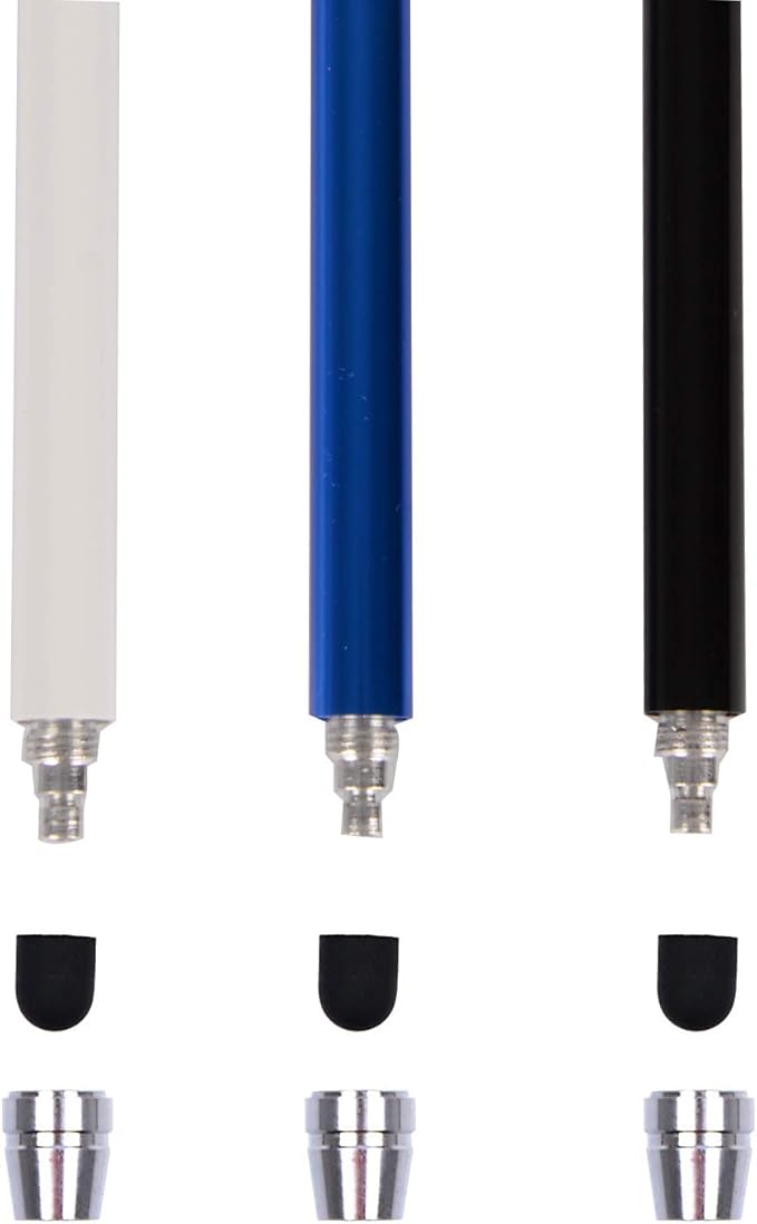 The Friendly Swede Stylus Pen for Touchscreen — 3-Pack 5.5" High Precision Stylus Pen with Replaceable Thin Tips, Elastic Lanyards & Screen Cleaning Cloth - Black/Blue/White