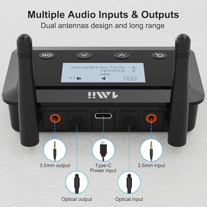 1Mii B03+ Bluetooth Transmitter Receiver for TV Home Stereo, Long Range Bluetooth 5.3 Adapter for TV Audio with Screen, aptX Low Latency & HD & AD, Optical RCA AUX 3.5mm Inputs/Outputs