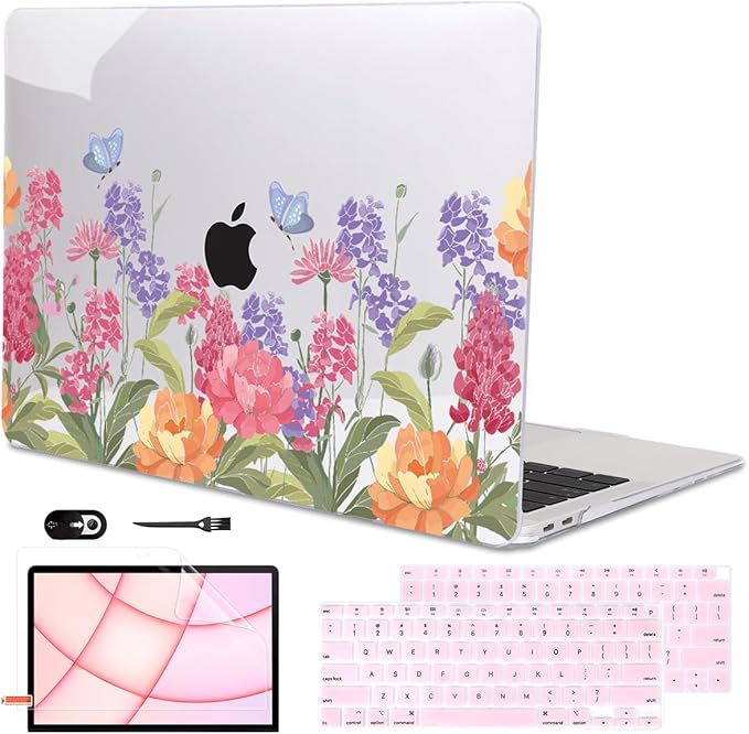 for MacBook Air 13 inch M1 Case 2021 2020 2019 2018 (Model M1 A2337 A2179 A1932) with Touch ID & Retina Display, Printed Pattern Hard Shell Case Keyboard Cover, Pink & Purple Flowers