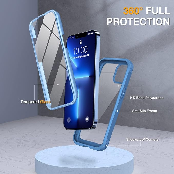 Miracase Glass Case for iPhone 13 Pro Max 6.7 inch, 2023 Upgrade Full-Body Clear Bumper Case with Built-in 9H Tempered Glass Screen Protector, Capri Blue