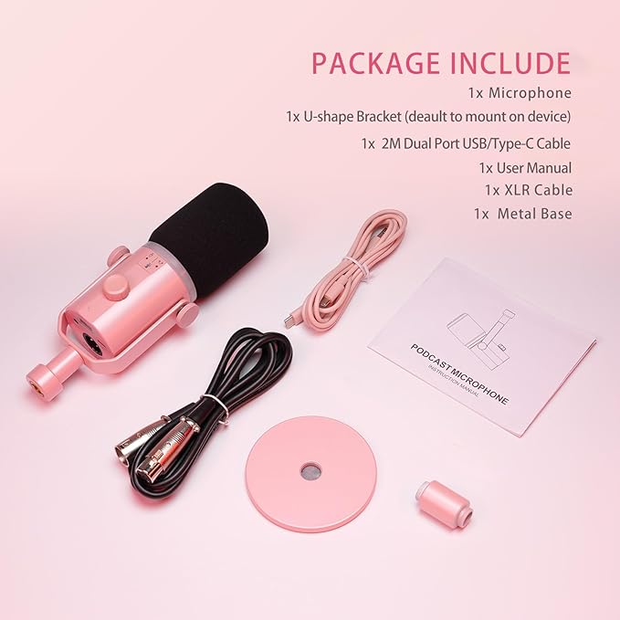 FEELWORLD PM1 XLR USB Dynamic Microphone with Desktop Stand Gifts for Podcast Recording PC Computer Gaming Streaming Vocal Voice-Over, Studio Metal Mic, RGB Light, Mute Button, Headphones Jack (Pink)