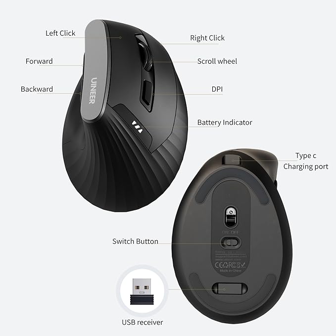 Vertical Mouse Wireless, 2.4G Rechargeable Mouse with Battery Indicator,4 Level DPI,Ergonomic Design for Comfort and Reduced Wrist Strain, Ideal for Home,Office Use (Black)