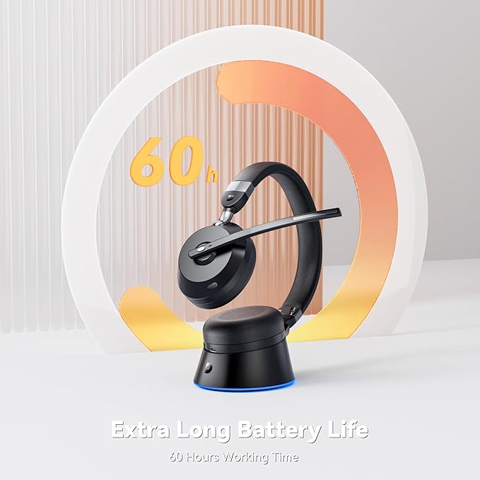 Wireless Headset with Mic for Work, Bluetooth Headphones with Microphone (Noise Cancelling) & Charging Base, Wireless Headset for Work from Home/Office/Call Center/PC/Computer/Teams/Zoom/Skype/Laptop