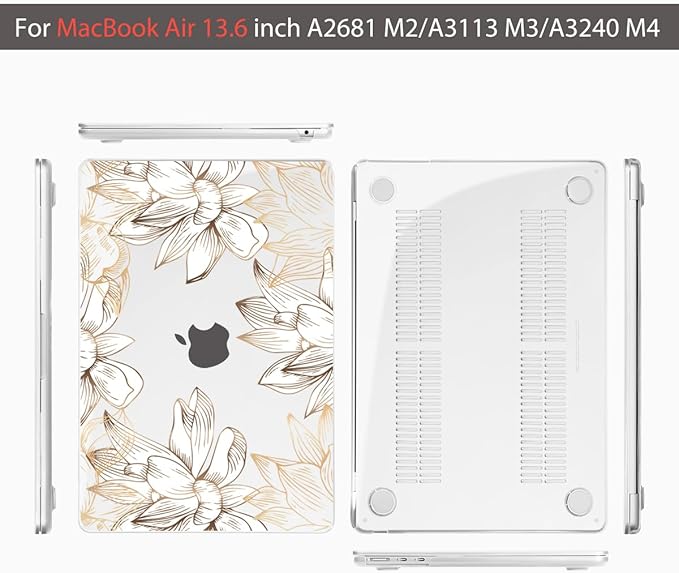 Teryeefi Compatible with M4 MacBook Air 13.6 inch Case 2022-2025 Release M3 A3113 M2 A2681 with Touch ID, Design Hard Shell Case+Keyboard Cover+Screen Protector+Type C Adapter, W-Gold Flower Line