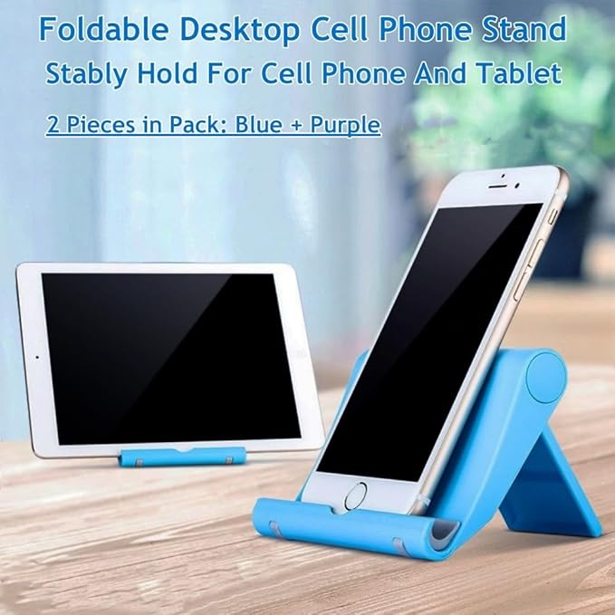 Portable Adjustable Cell Phone Stand, 2 Pack, Universal Fit for Desktop, Tablet, Compatible with Most Phones & Devices (Purple+Blue)