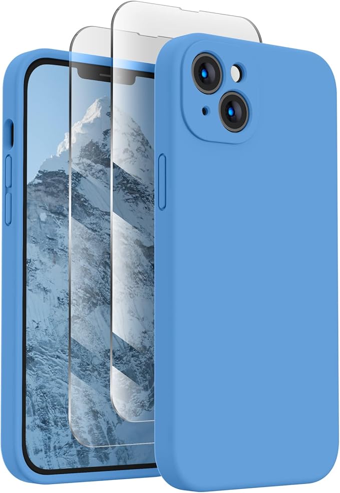FireNova Designed for iPhone 13 Case, Silicone Upgraded [Camera Protection] Phone Case with [2 Screen Protectors], Soft Anti-Scratch Microfiber Lining Inside, 6.1 inch, Blue