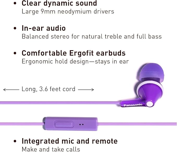 Panasonic ErgoFit Wired Earbuds With Microphone, 3.5mm Jack Wired Headphones with Mic and Call Controller, Ergonomic Custom-Fit Earpieces (S/M/L), for Phones and Laptops - RP-TCM125-V (Purple)