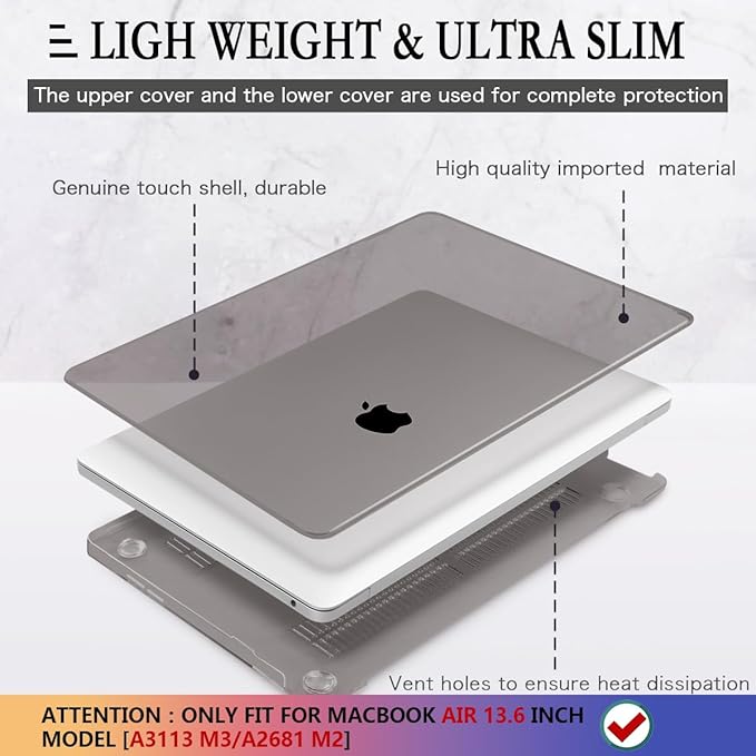 CISSOOK Compatible with MacBook Air 13.6 inch Case 2022 2024 2025 Release A2681 A3113 A3240 with Touch ID, Crystal Grey Hard Shell Case & Keyboard Cover for Mac Air 13.6 M2 M3 M4, Gray