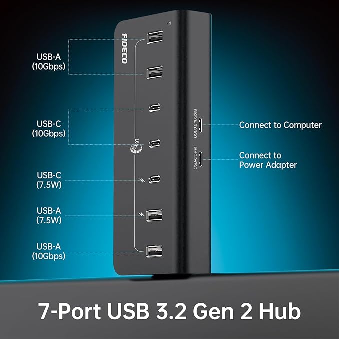 FIDECO Powered USB Hub, 7 Port USB 3.2 Gen 2, 10Gbps Fast Data Hub for iPhone 16/15 and Laptop, Aluminum USB Splitter with 5V 3A Power Adapter, 4 USB-A and 3 USB-C Ports, Support BC1.2 Charging