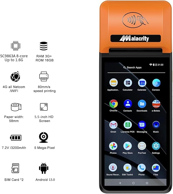 Alacrity Mobile POS PDA Terminal, Android 13 SoftPay,1D 2D Scan Module, 58mm Thermal Printer, 5.5" Touch Screen, 4G WiFi Bluetooth, Ideal for Retail, Hospitality, Logistics, Field services, Healthcare