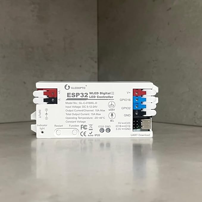 ESP32 WLED LED Strip Light Controller 15A Fuse Music Mic DIY Dynamic Lighting UART USB-C Download Energy Save Relay App Control RGB IC Addressable Digital WS2811 WS2812 SK6812 TM1814 WS2813 WS2815 etc