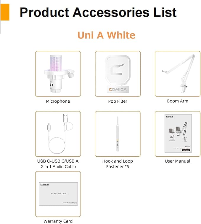 COMICA EJoy Uni A USB Microphone for Computer and Smartphone,RGB Cardioid Condenser Gaming Mic for Podcasting,Streaming,Recording,Music Creation,with Boom Arm Stand-White