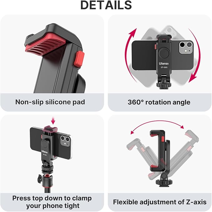ULANZI ST-06S Phone Tripod Mount, Universal Smartphone Mount Adapter with 2 Cold Shoe, 360° Rotates Adjustable Cell Phone Clip Clamp Holder, Compatible with iPhone, Samsung Galaxy and All Phones