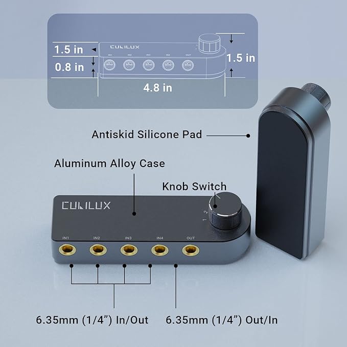 Cubilux Bidirectional 4-Channel 6.35mm Audio Selector, 1x TRS to 4X TRS Stereo 4-Port 1/4” Quarter Inch AUX Switch Box for Speaker, Headphones, Subwoofer, Home Audio System, Mixer, Amplifier