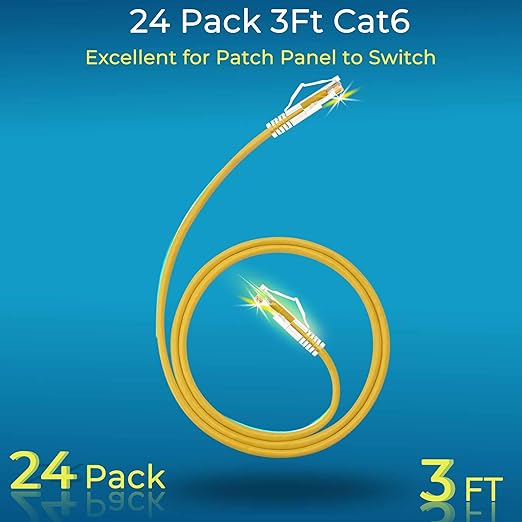 Rapink Patch Cables Cat6/ Cat6a 3ft (24 Pack) Slim, Cat6a Ethernet Patch Cable 30G Support, Snagless Cat 6 Patch Cable for Patch Panel to Switch, Flexiable Cat6 Ethernet Cable Yellow