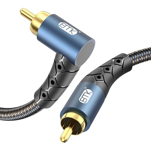 EMK RCA Subwoofer Cable 90 Degree RCA to RCA Audio Cable 24K Gold-Plated Nylon Braided Double Shielded Digital Analogue Supports Amplifiers,Home Theater,Hi-Fi Systems,Subwoofer(10ft/3m)