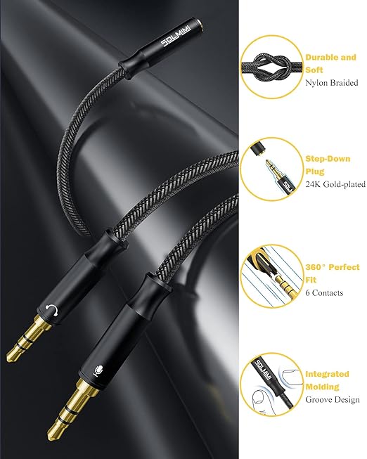 3.5mm Headset Splitter for PC 2 Pack, Crystal-Nylon Braid Female to Dual 3.5mm TRS Male Headphone Mic Splitter Audio Y Cable, CTIA Gaming Headset to PC Adapter - Matte Black 0.3M…