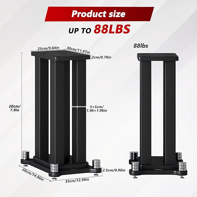 A Pair of Universal Speaker Stands, Heavy Duty Speaker Stands Holds Bookshelf Speaker Satellite Speaker Large Speaker, Vibration-Absorbing MDF Design, Holds 88lbs Speaker (Black, 20cm/7.8in)
