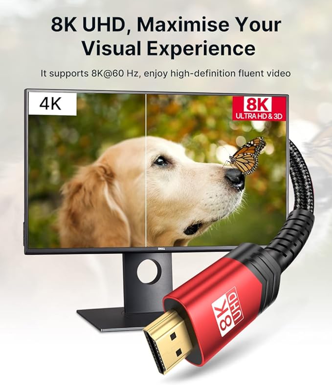 JSAUX 8K HDMI Cable 2 Pack 10ft, 48Gbps High Speed HDMI 2.1 Braided HDMI Cord, 4K 120Hz 144Hz, 8K 60Hz, Dynamic HDR, DTS:X, 2K, 1080P, 3D, eARC Compatible with Laptop, TV Gaming Monitor PS5 PS4 -Red
