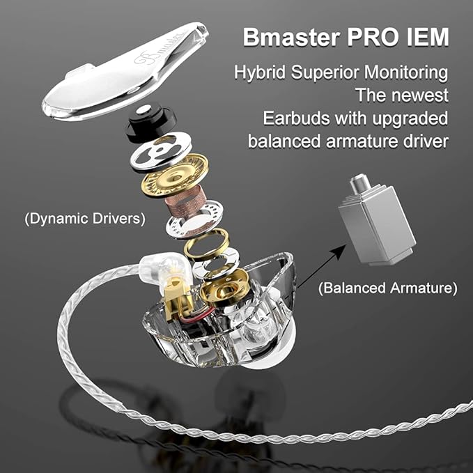 BASN in-Ear Monitors, Bmaster Triple Driver HiFi Stereo Noise-Isolating with Enhanced Bass for Musicians Stage/Audio Recording(PRO White/Black)