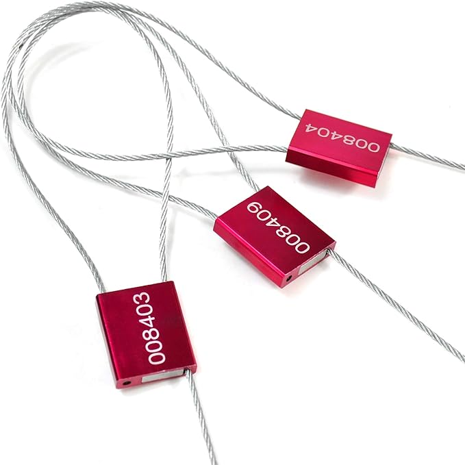 Leadseals(R) 200 Red Steel Cable Seals Metal Security Tag Numbered Truck Trailer Seal Anti-Tamper Pull-Tite Security Seal Aluminum Body Transport Shipping Seal Self-Locking Safety Ties ISO 17712