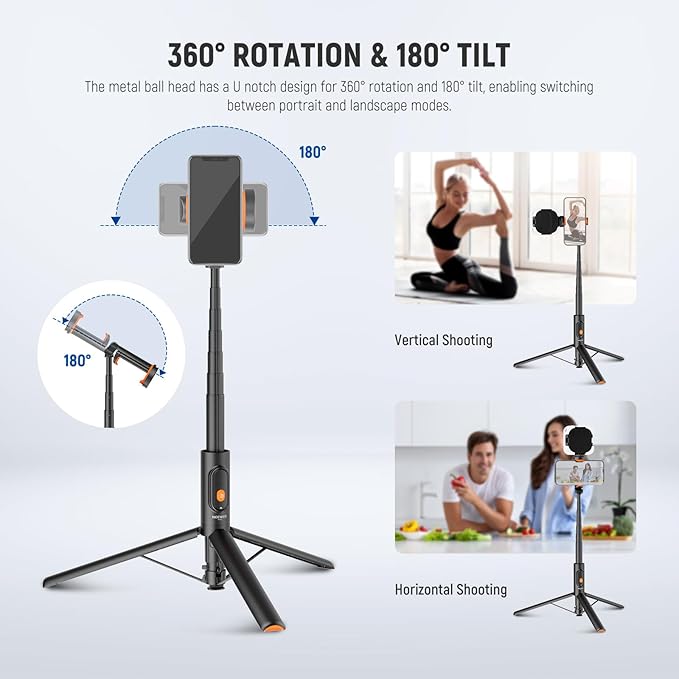 NEEWER 57.9" Selfie Stick Tripod Compatible with iPhone Samsung Android, Metal Portable Lightweight Travel Cell Phone Stand with Phone Holder Mount & Remote for Video Recording Filming, PA992 Black