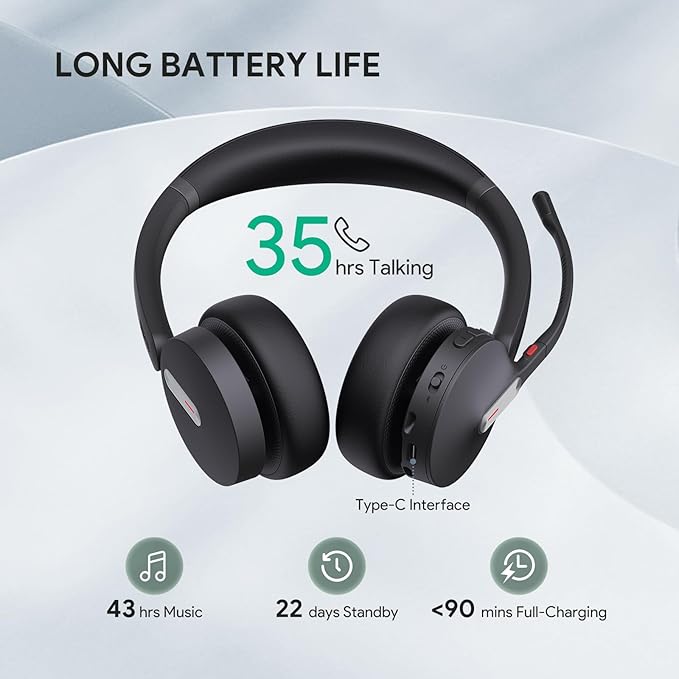 Yealink BH70 Wireless Bluetooth Headset with Microphone for Work, up to 35h Talking Battery Life, 3-Mic Noise Cancellation, 147g Lightweight Microsoft Teams Certified Headphone for Open Office, USB-A